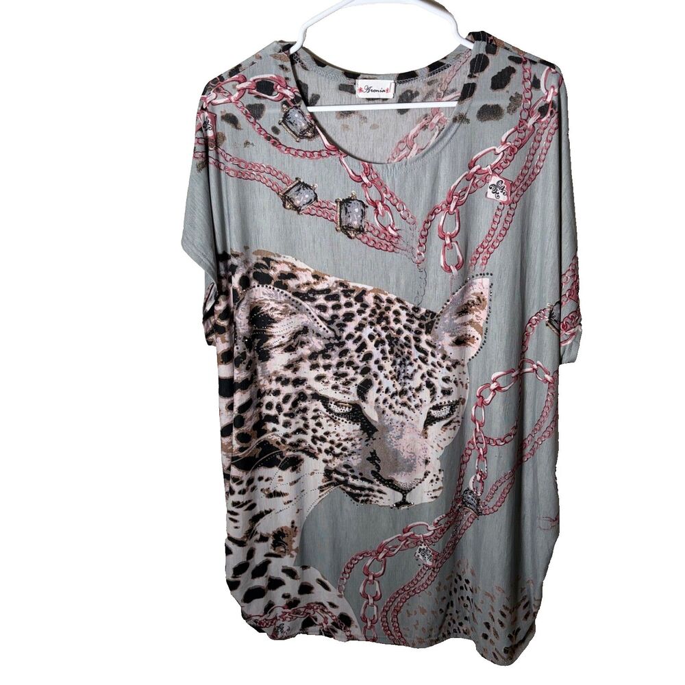 Aronia Blouse Women's 3XL Jaguar Cheetah Gray Short Sleeve Chain Top Printed